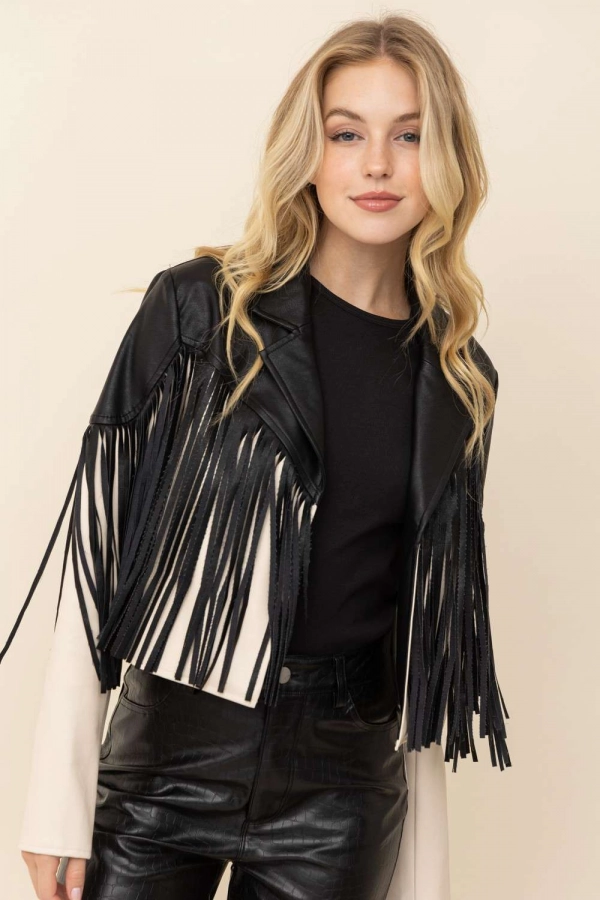 wholesale clothing black beige fringed cropped jacket In The Beginning