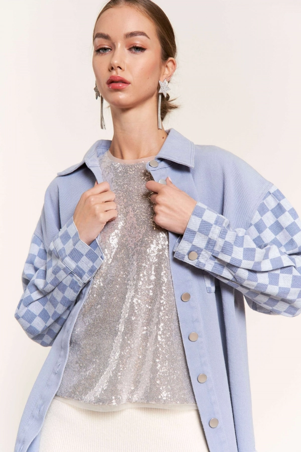 wholesale clothing blue checkered shacket with button & long sleeve In The Beginning