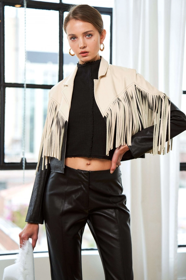 wholesale clothing beige black fringed cropped jacket In The Beginning