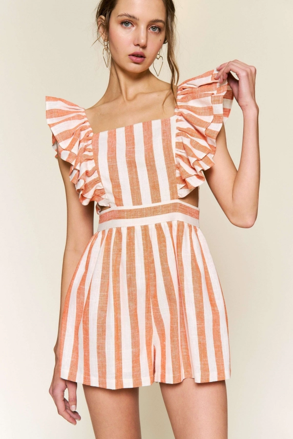 wholesale clothing orange stripe romper with square neck In The Beginning